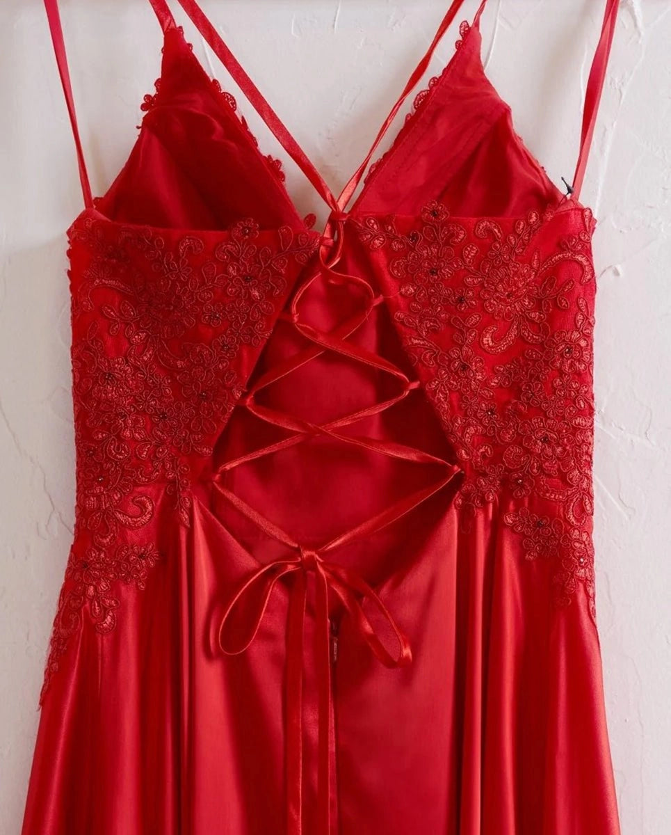 A-line Spaghetti Straps Corset Back Prom Dresses With Split Evening Dresses, product image 6