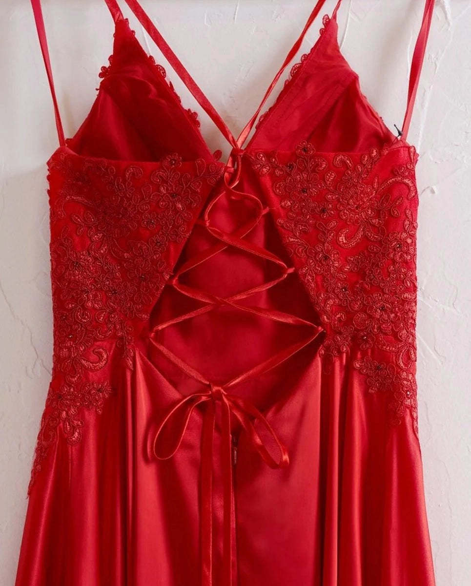 A-line Spaghetti Straps Corset Back Prom Dresses With Split Evening Dresses, product image 6