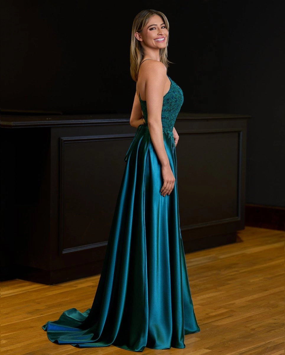 A-line Spaghetti Straps Corset Back Prom Dresses With Split Evening Dresses, product image 15