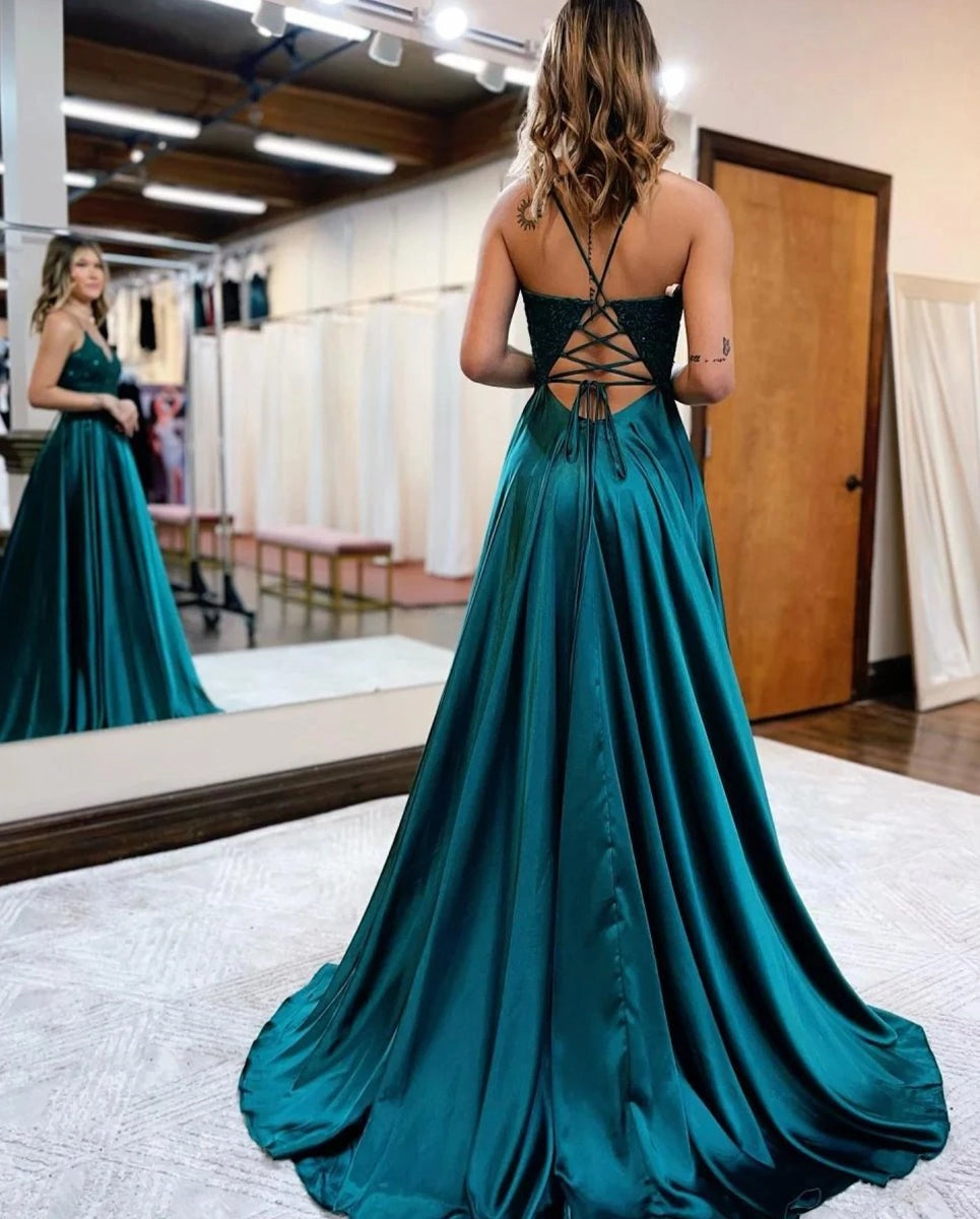 A-line Spaghetti Straps Corset Back Prom Dresses With Split Evening Dresses, product image 17