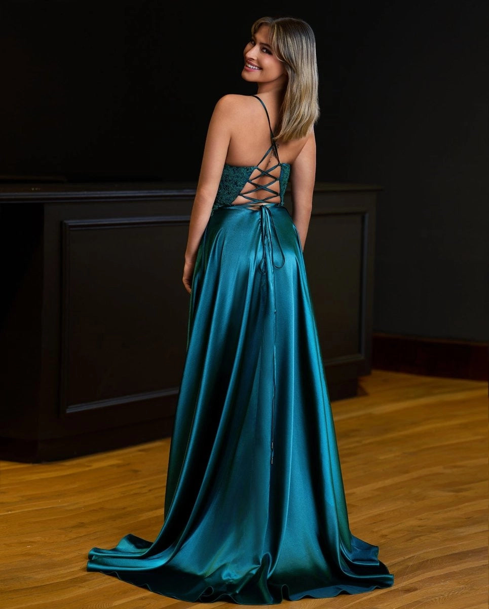 A-line Spaghetti Straps Corset Back Prom Dresses With Split Evening Dresses, product image 13