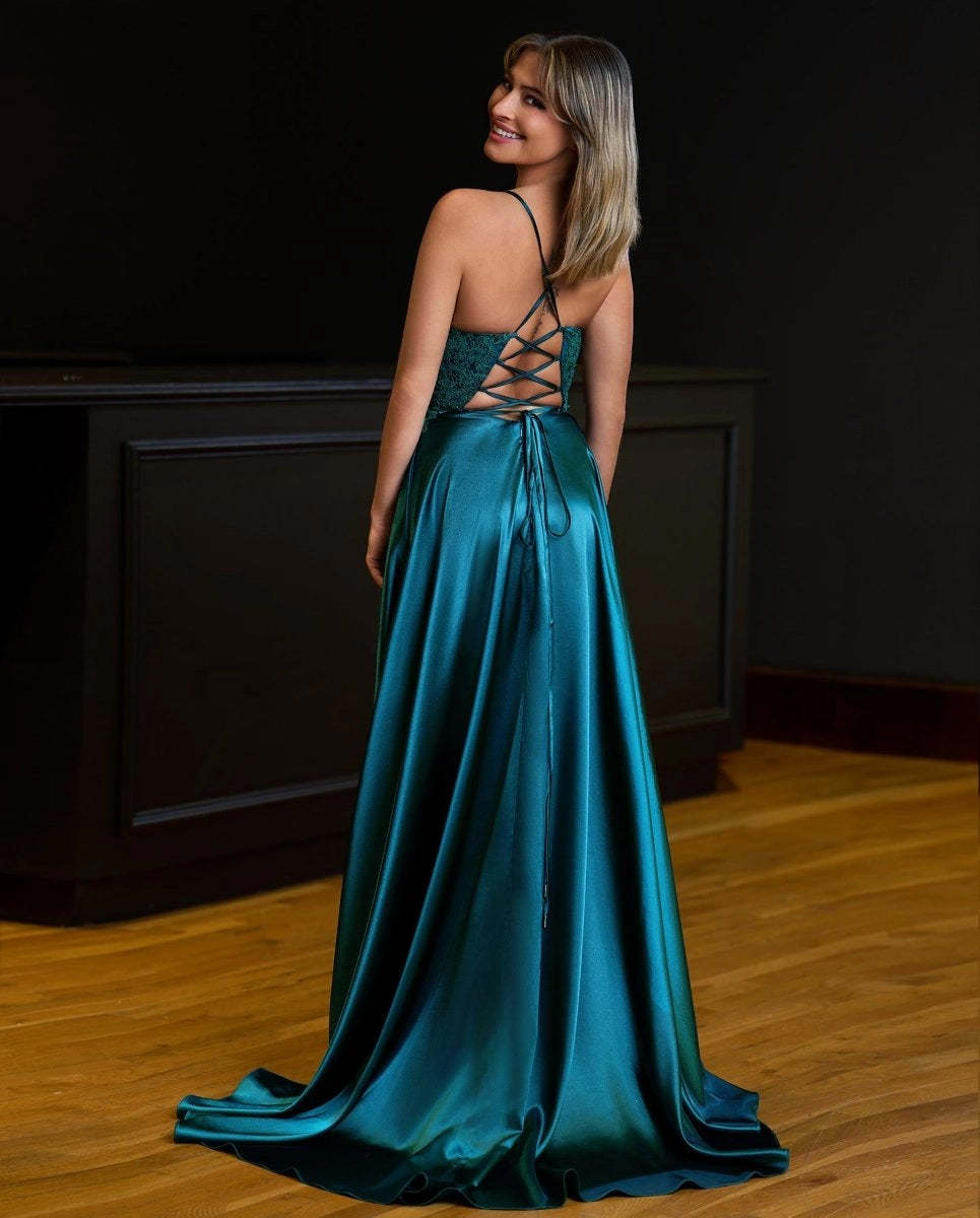 A-line Spaghetti Straps Corset Back Prom Dresses With Split Evening Dresses, product image 13