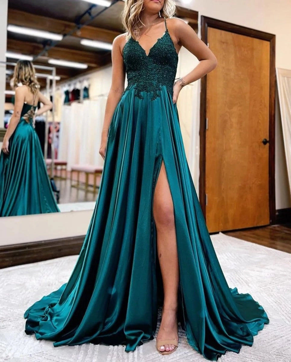 A-line Spaghetti Straps Corset Back Prom Dresses With Split Evening Dresses, product image 16