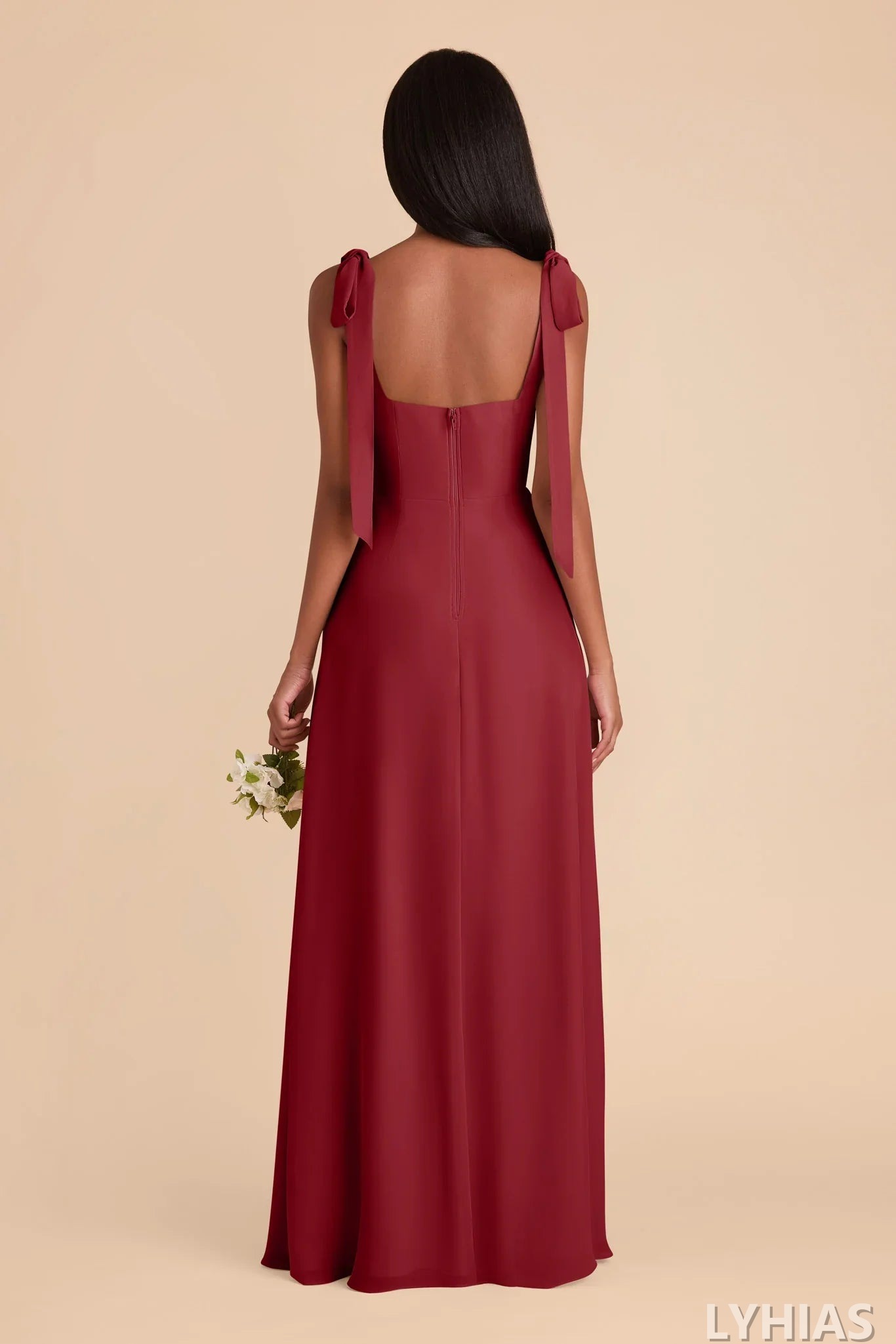 Burgundy Chiffon A-Line Floor-Length Bridesmaid Dresses | Square Neck & Tie-Shoulder