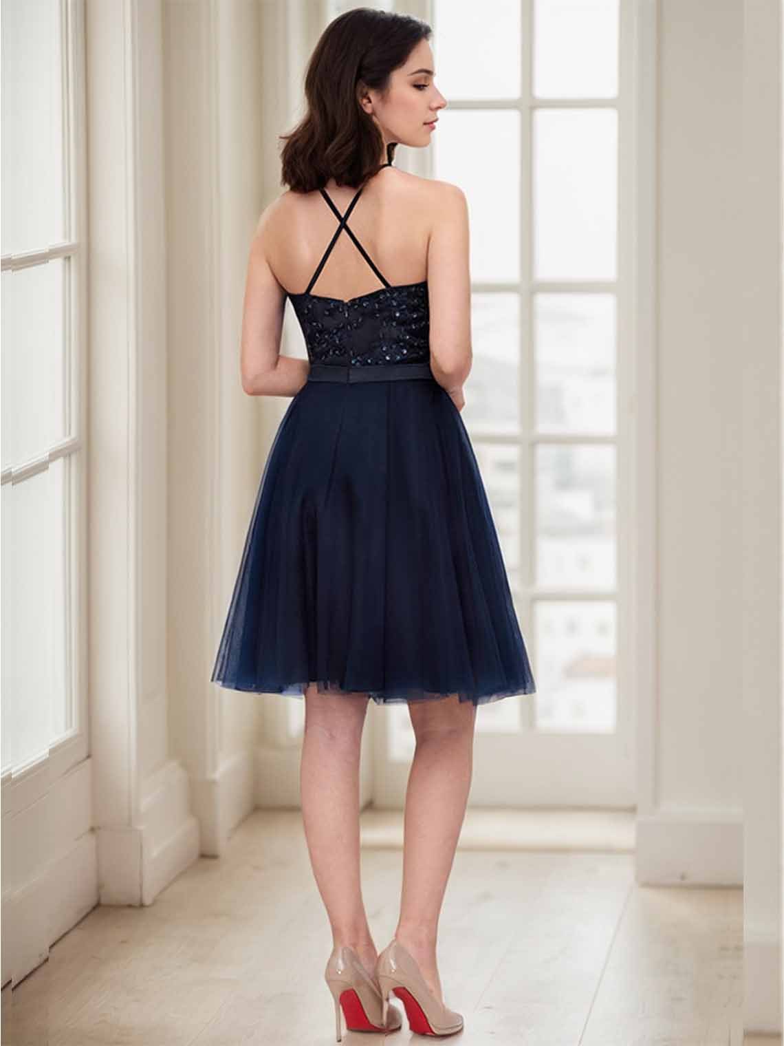 A-line Cocktail Dress Halter Sleeveless Knee Length Homecoming Dress
