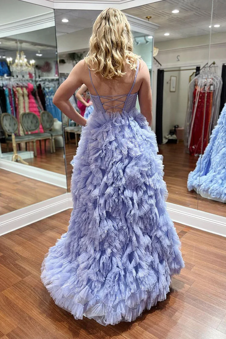 A-Line&Princess Slit Sweetheart Pleats Sleeveless Long Prom Dress Tiered Prom Dresses