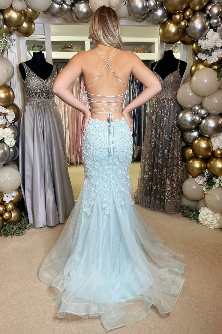 Tulle Mermaid/Trumpet V-Neck Lace Floral Appliques Lace-Up Crisscross Back Long Gown