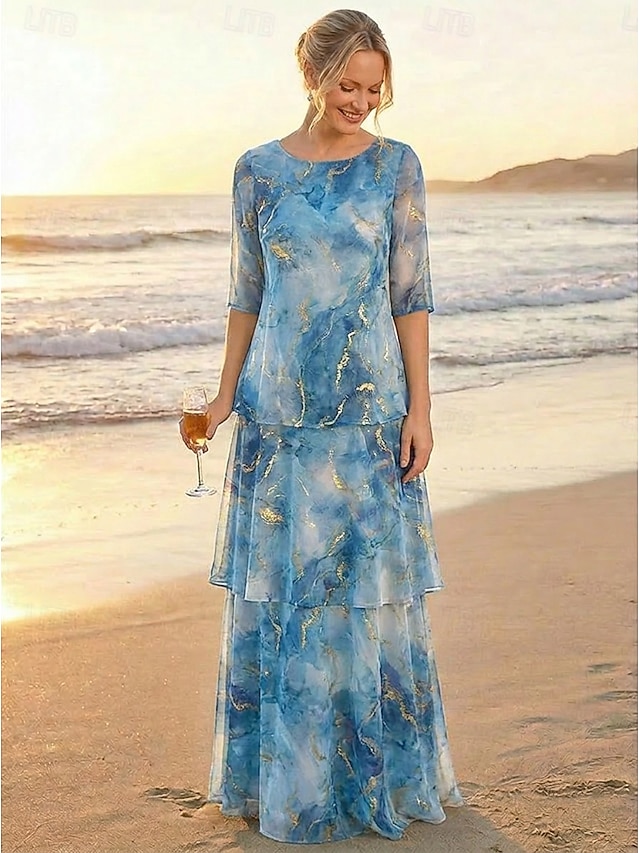 a-line mother of the bride dresses cocktail dresses party dresses floor length chiffon half sleeve in Ocean Blue, US2