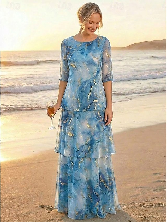 a-line mother of the bride dresses cocktail dresses party dresses floor length chiffon half sleeve in Ocean Blue, US2