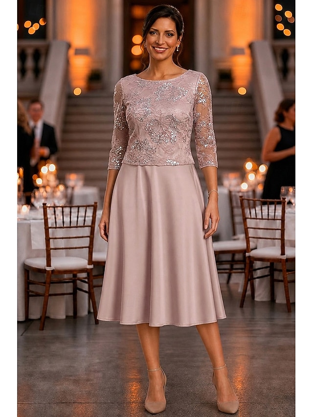 a-line mother of the bride dresses tea length satin lace 3/4 length sleeve elegant simple luxurious, supplier image 4