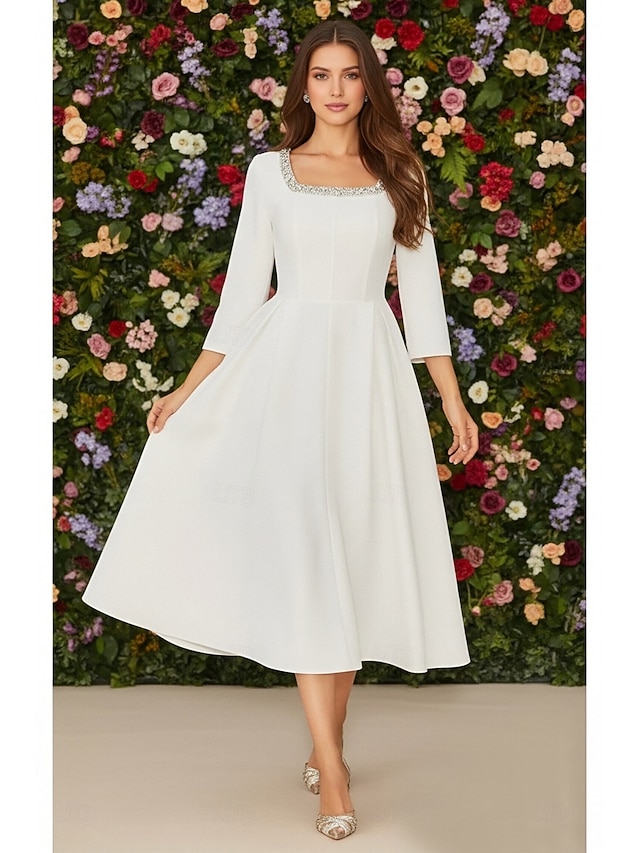 a-line tea-length little white dress wedding dress prom dress cocktail dress scoop neck 3/4 sleeves, supplier image 1