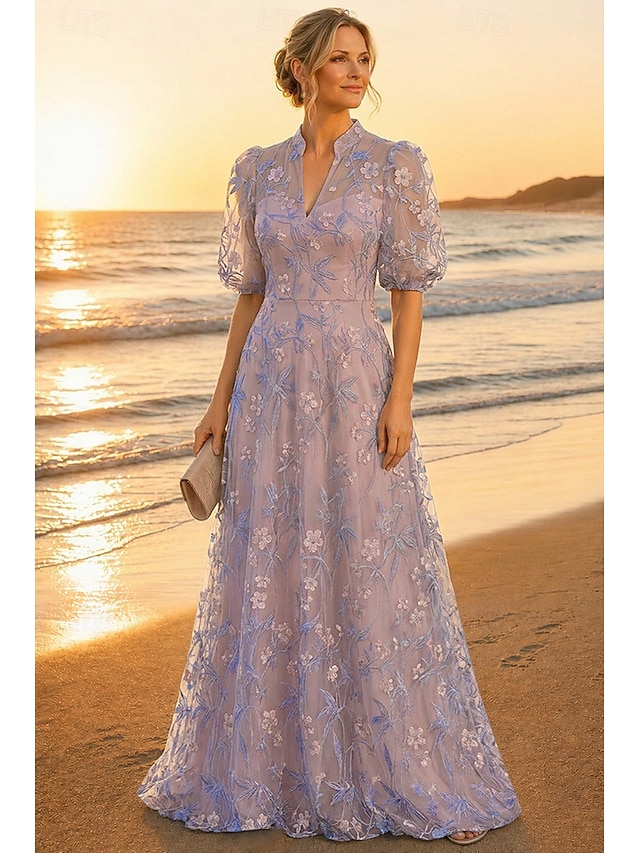 a-line mother of the bride dresses cocktail dresses floor length lace with embroidery half sleeve, supplier image 4
