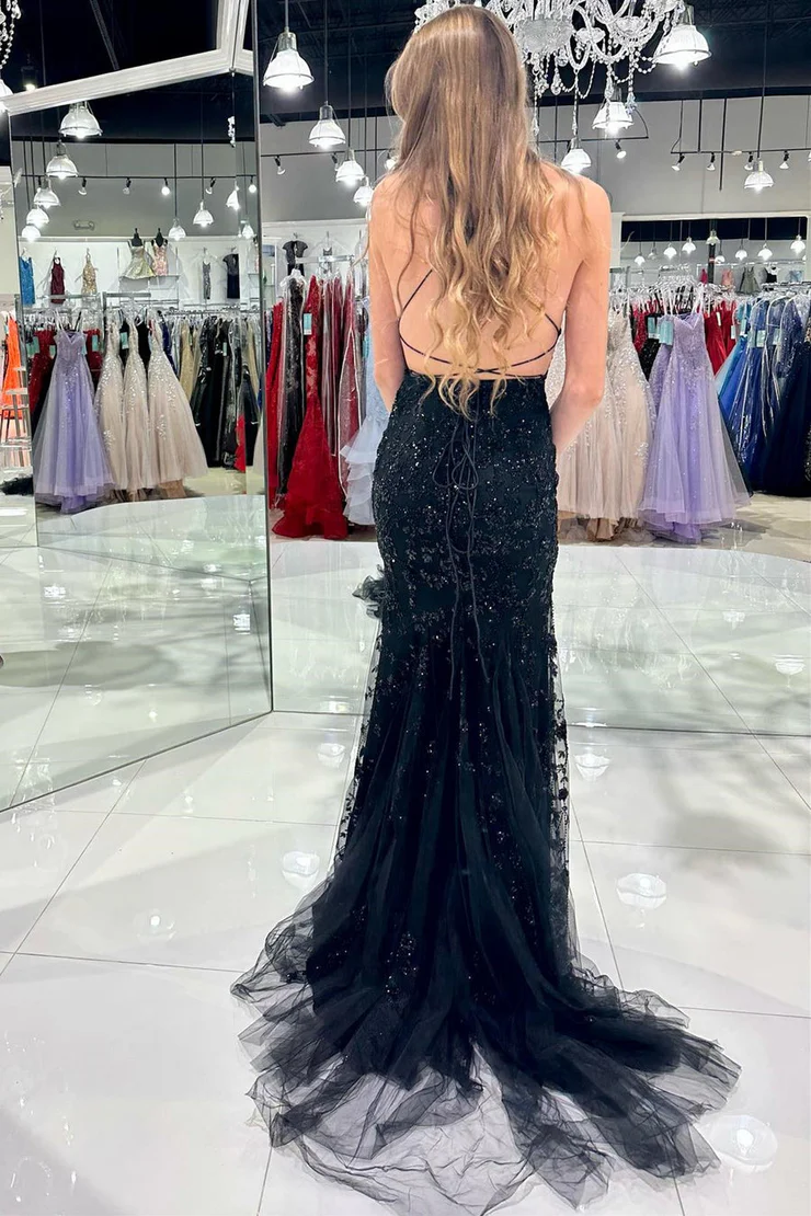 Tulle Mermaid/Trumpet Spaghetti Straps Scoop Neck Lace Appliques Long Dress