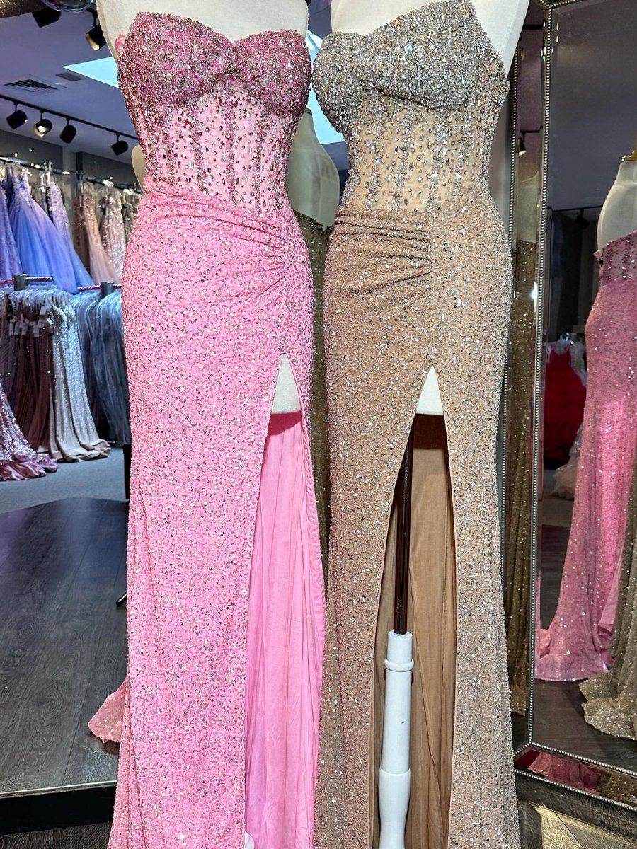Pink Strapless Sequins Mermaid Long Prom Dresses With Split Evening Dresses, product image 8