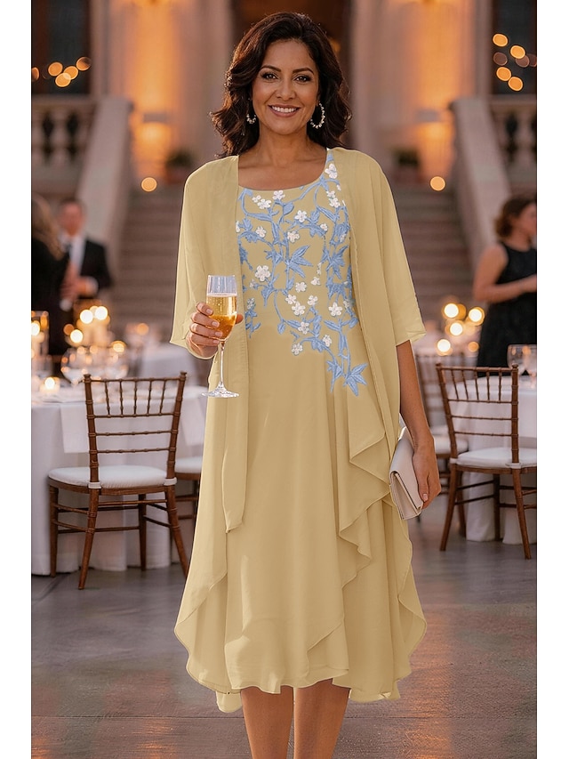 two piece a-line knee length asymmetrical mother of the bride dresses half sleeve scoop neck elegant simple casual chiffon with floral print, supplier image 11