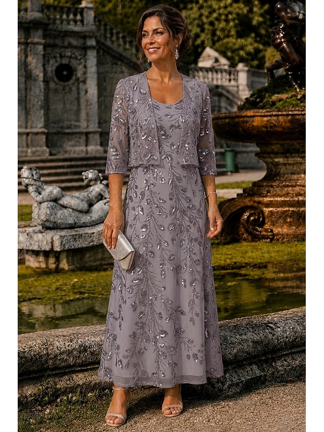 two piece a-line ankle length mother of the bride dresses 3/4 length sleeve scoop neck elegant simple luxurious lace with beading, supplier image 5