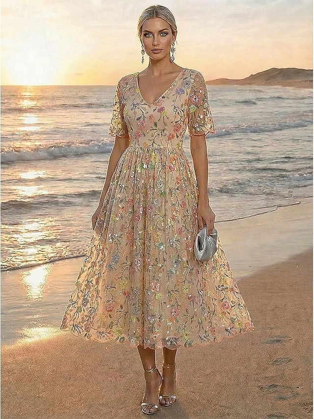 a-line mother of the bride dresses cocktail dresses ankle length tea length lace with beading v neck, supplier image 1