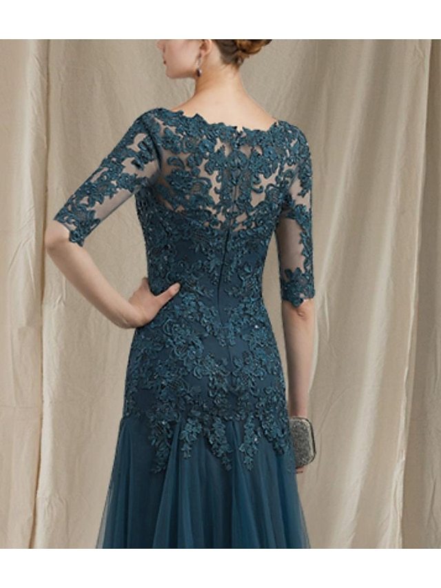 a-line sweep train mother of the bride dress wedding guest dress evening gown v-neck half sleeves lace tulle elegant, supplier image 9
