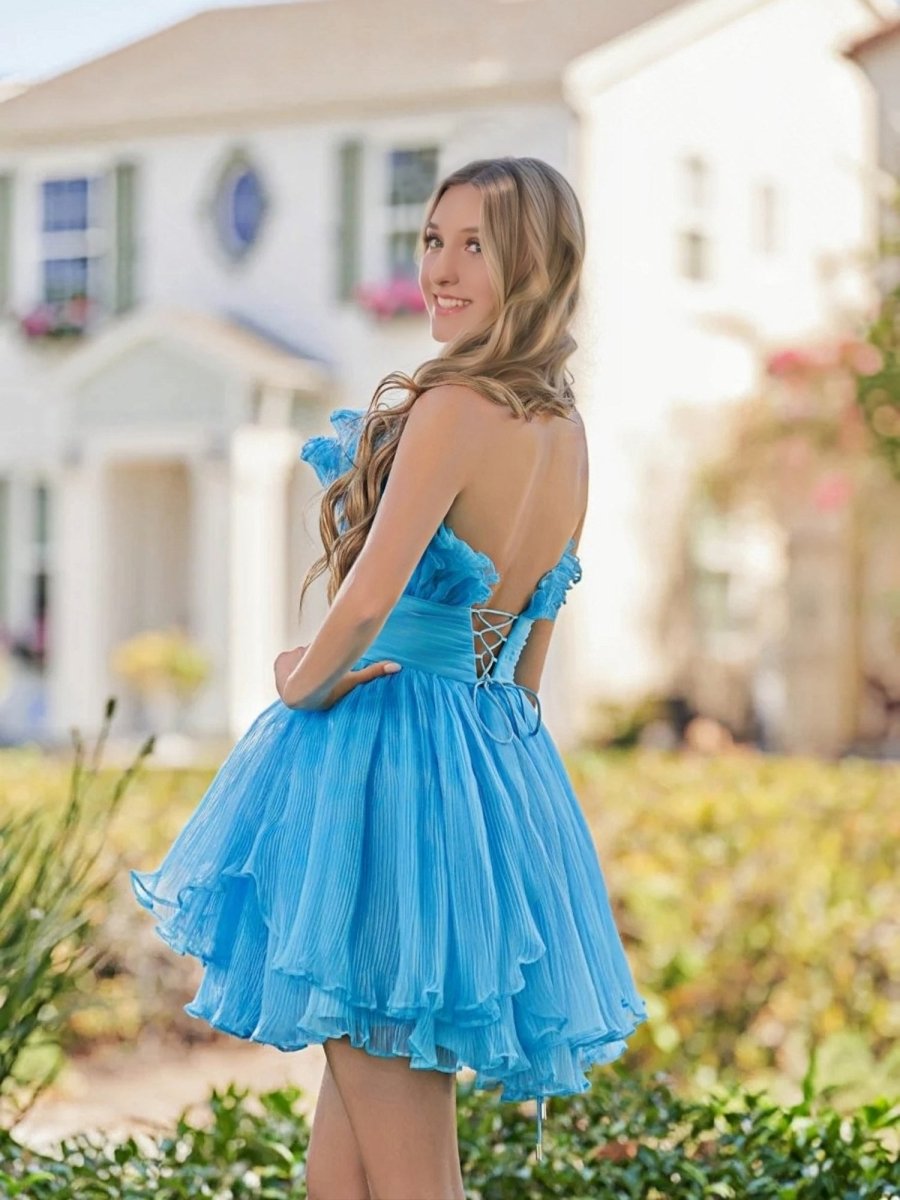 Blue A-Line Strapless Pleated Short Tiered Homecoming Dresses, supplier image 6
