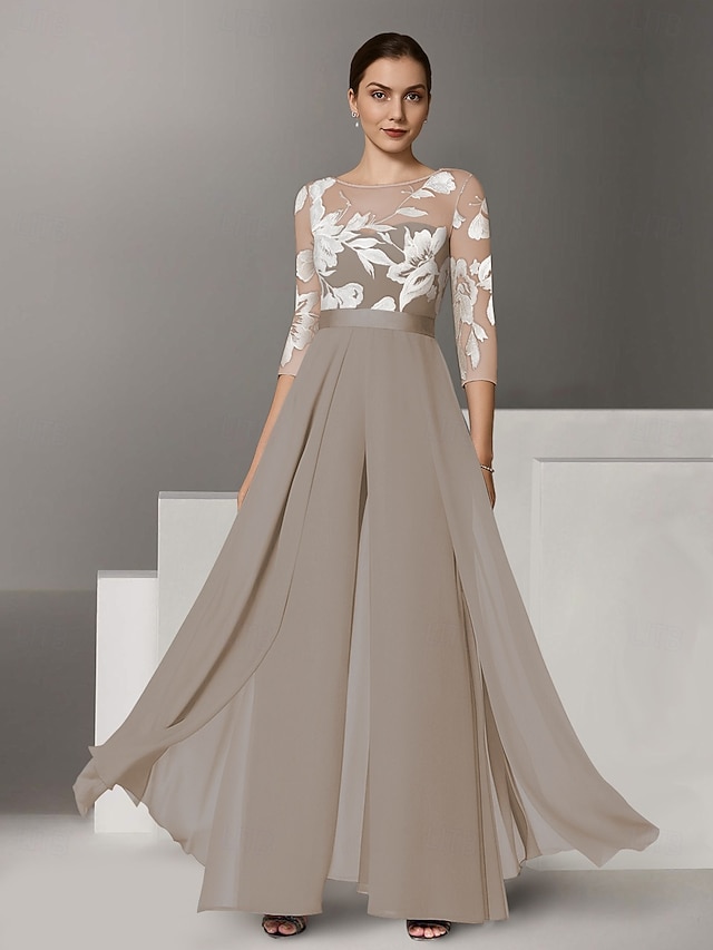 jumpsuit pantsuit mother of the bride dresses floor length chiffon lace 3/4 length sleeve elegant, supplier image 1