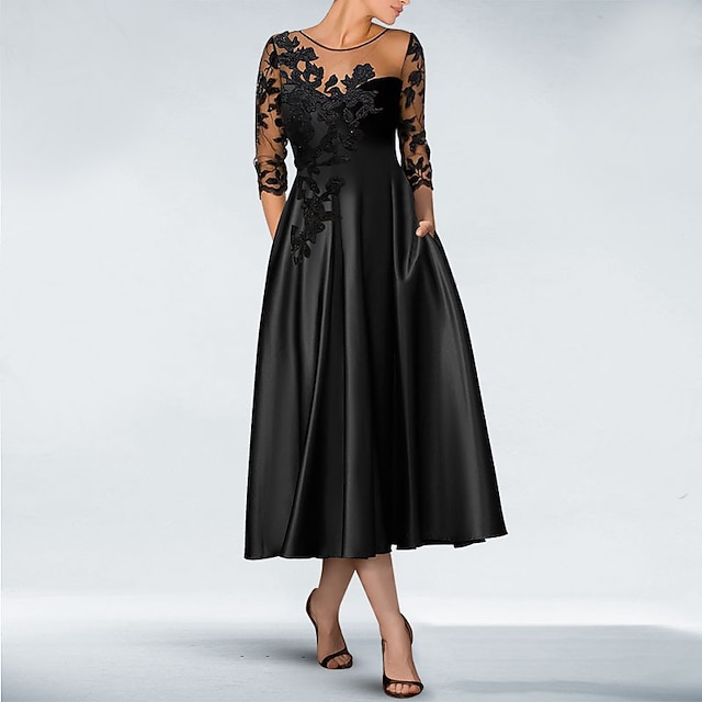 a-line tea-length mother of the bride dress wedding guest dress cocktail dress formal dress off-the-shoulder 3/4 sleeves satin elegant, supplier image 1