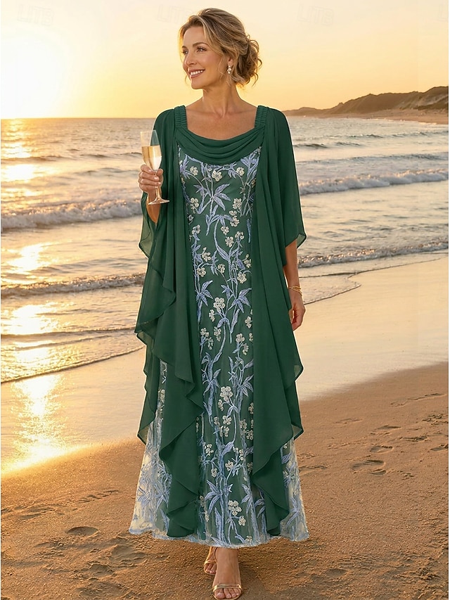 a-line ankle length mother of the bride dresses long sleeve scoop neck elegant vintage chiffon lace with ruffles, supplier image 10