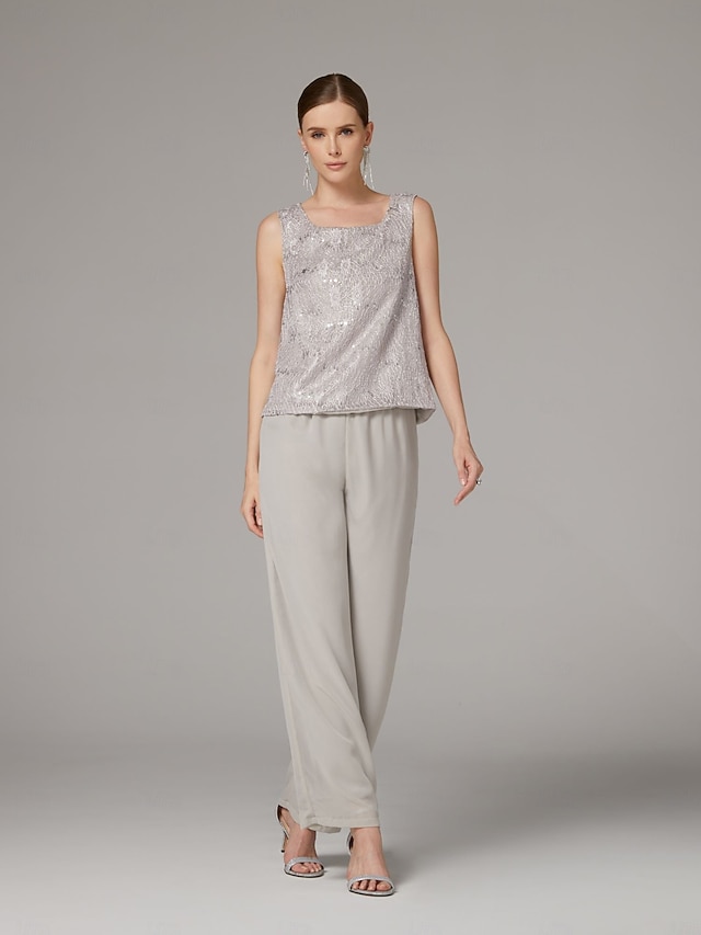 3 piece jumpsuit pantsuit floor-length mother of the bride dress wedding guest dress scoop neck sleeveless chiffon lace elegant, supplier image 10
