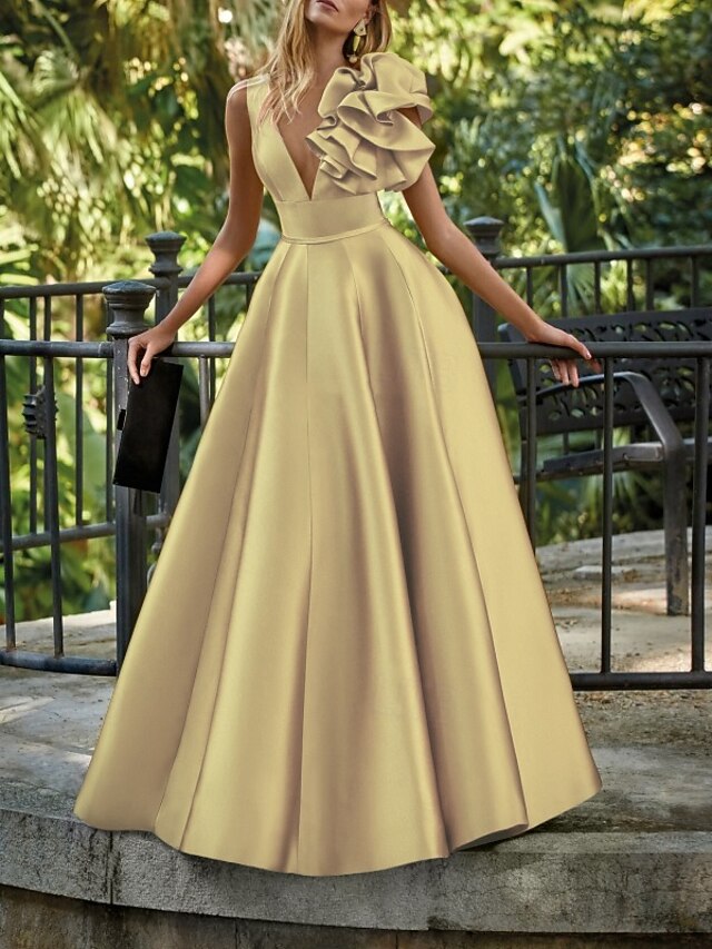 a-line floor-length wedding guest dress prom dress evening gown v-neck sleeveless satin elegant, supplier image 5