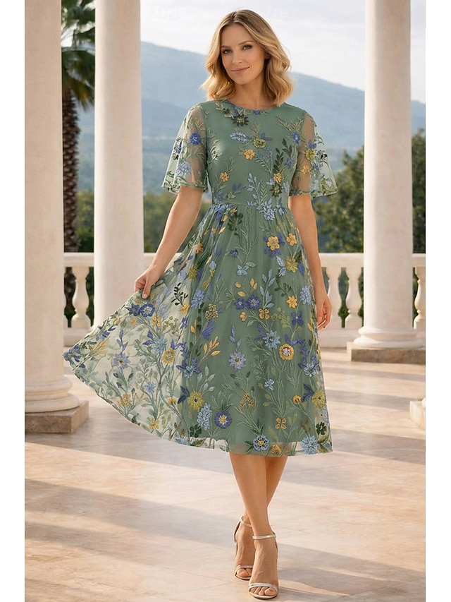 a-line mother of the bride dresses formal dresses tea length chiffon tulle with floral print elegant, supplier image 2