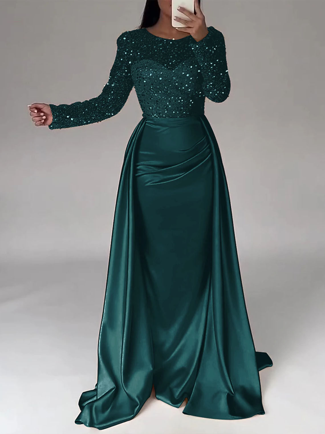 Mermaid Sequin Satin Long Sleeves with Pearls Long Evening Dress