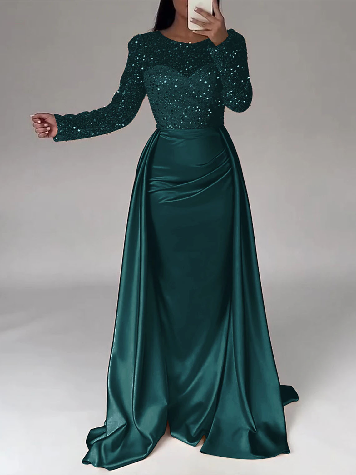 Mermaid Sequin Satin Long Sleeves with Pearls Long Evening Dress