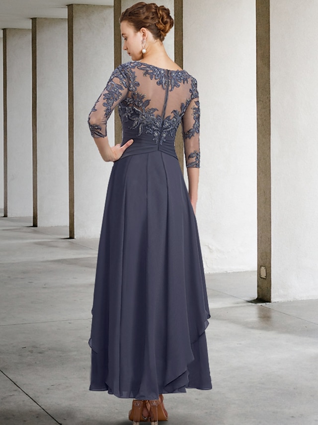 a-line ankle-length mother of the bride dress wedding guest dress cocktail dress jewel neck 3/4 sleeves chiffon lace elegant, supplier image 11