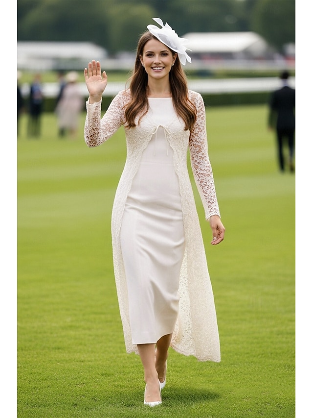 Two Piece Sheath Column Tea-Length Mother of the Bride Dress Wedding Guest Dress Square Neck Sleeveless Chiffon Lace Elegant