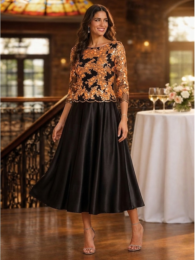 a-line mother of the bride dresses ankle length satin tulle with pleats 3/4 length sleeve crew neck, supplier image 3