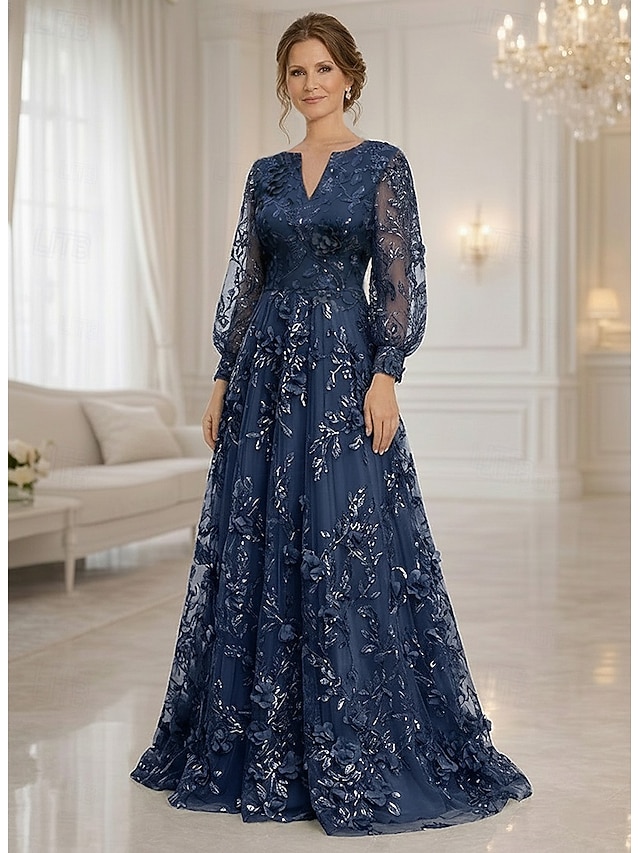 a-line floor length mother of the bride dresses cocktail dresses party dresses long sleeve v neck elegant vintage luxurious lace with 3d flowers, supplier image 1