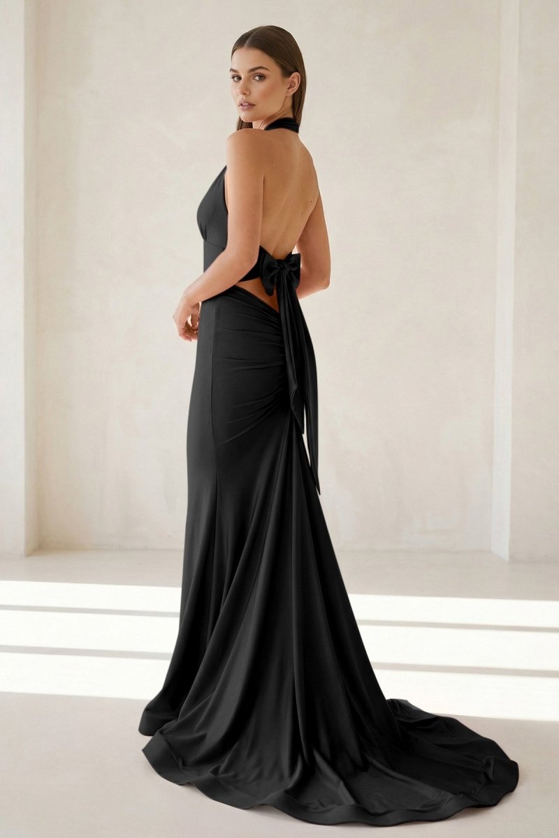 Pink Halter Mermaid Satin Open Back Formal Prom Dresses With Bow, product image 34