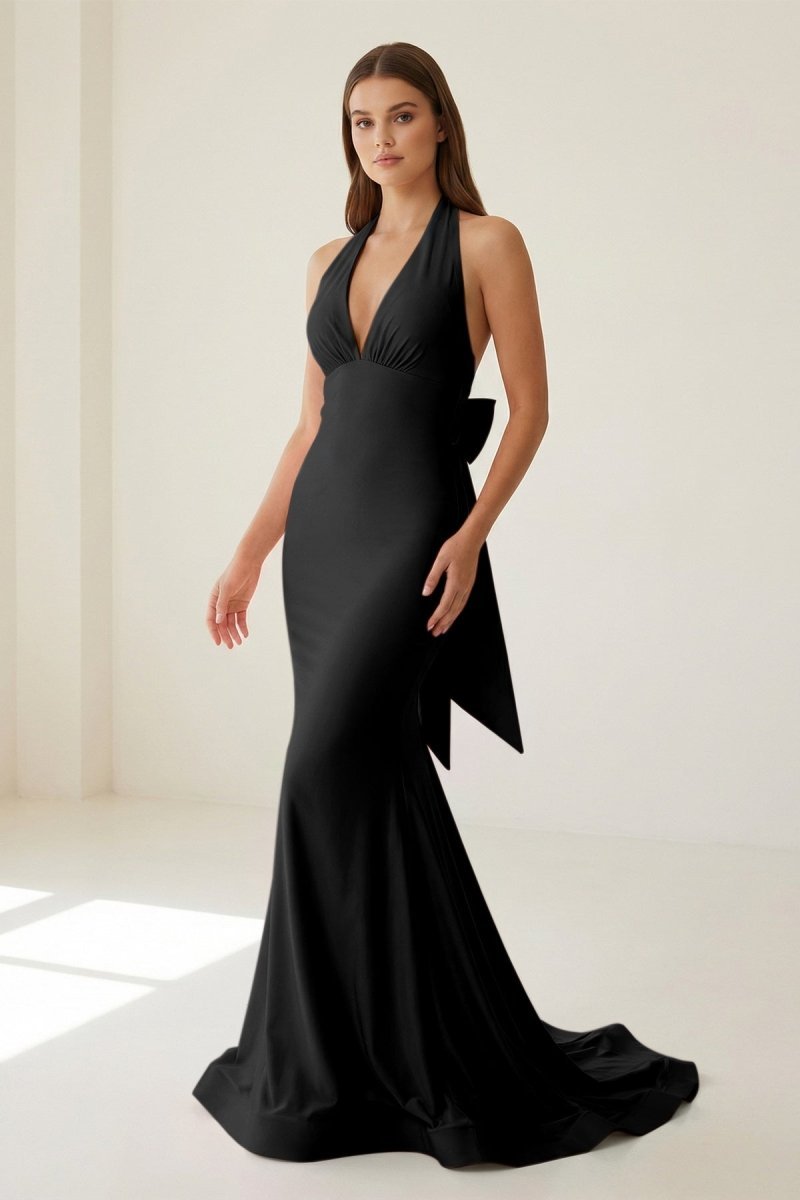 Pink Halter Mermaid Satin Open Back Formal Prom Dresses With Bow, product image 35