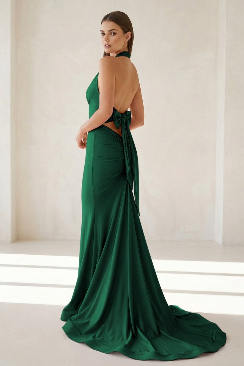 Pink Halter Mermaid Satin Open Back Formal Prom Dresses With Bow, product image 19