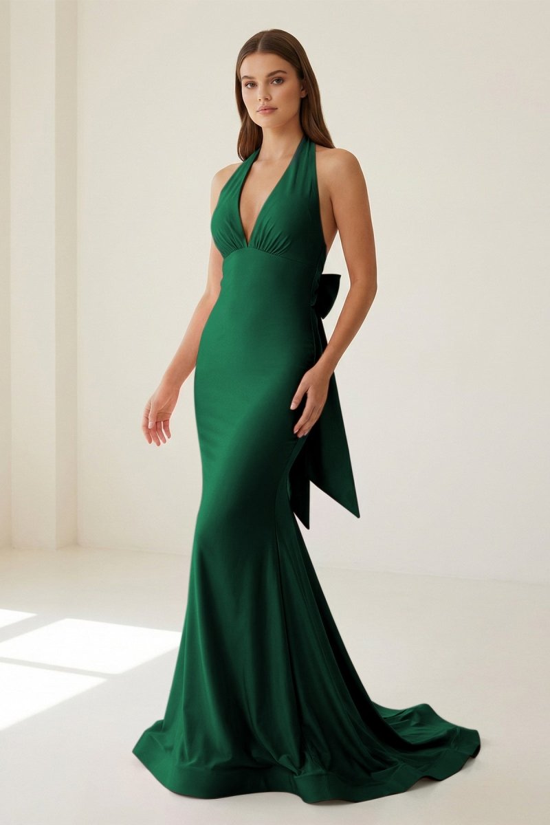 Pink Halter Mermaid Satin Open Back Formal Prom Dresses With Bow, product image 20
