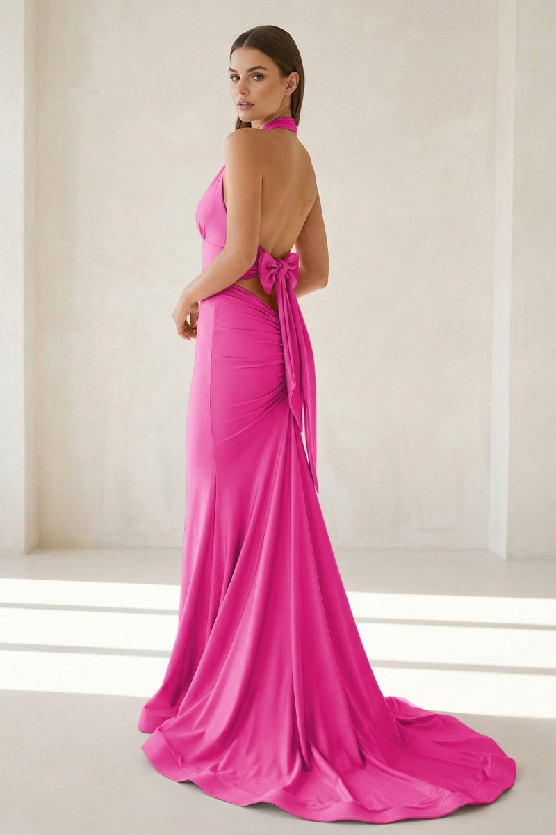 Pink Halter Mermaid Satin Open Back Formal Prom Dresses With Bow, product image 26