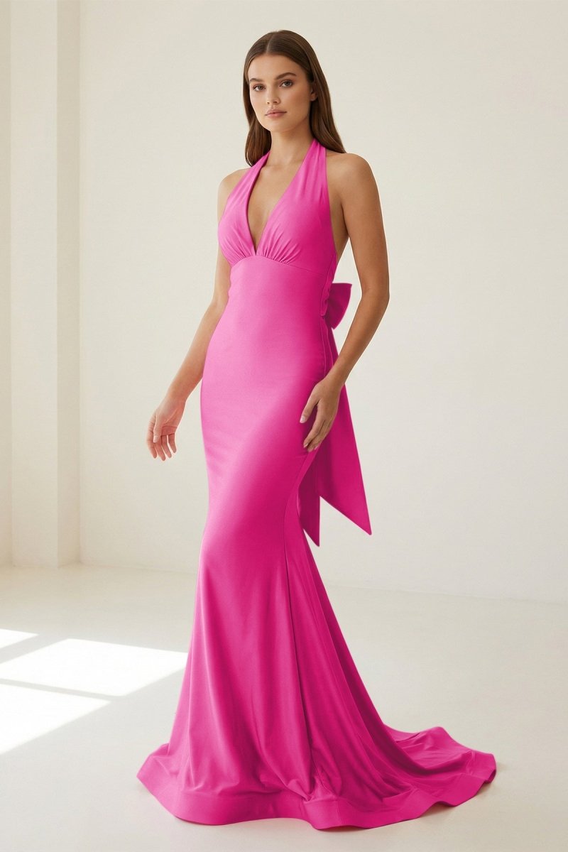 Pink Halter Mermaid Satin Open Back Formal Prom Dresses With Bow, product image 25