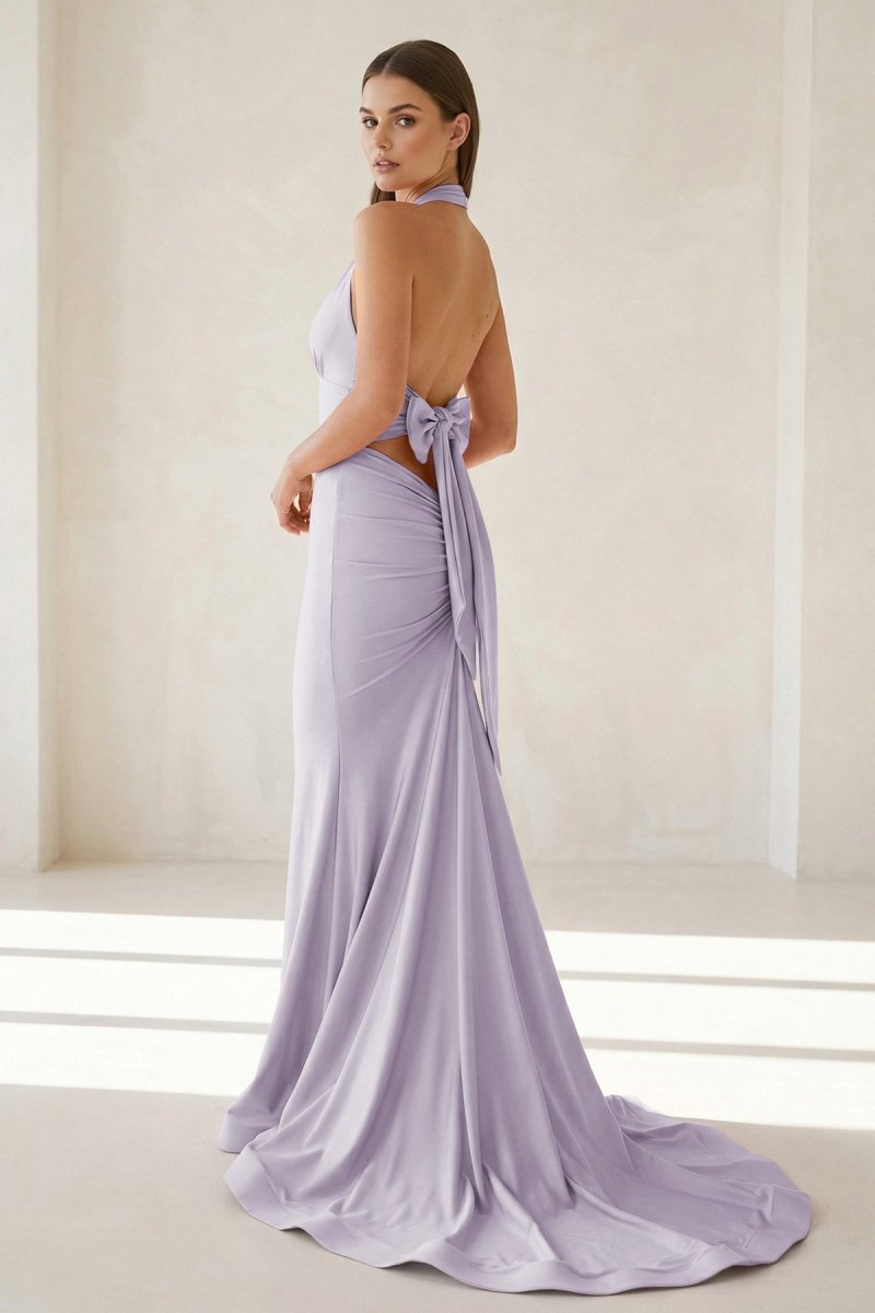 Pink Halter Mermaid Satin Open Back Formal Prom Dresses With Bow, product image 16