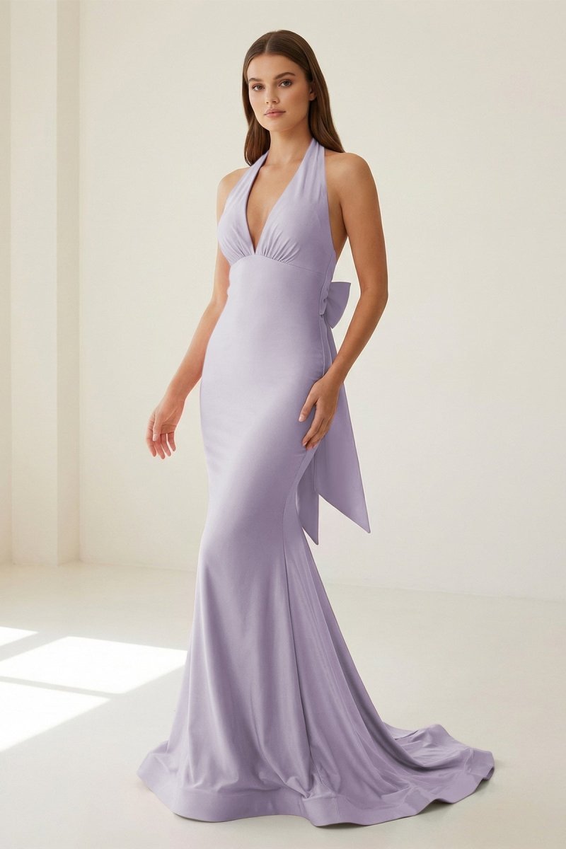 Pink Halter Mermaid Satin Open Back Formal Prom Dresses With Bow, product image 17