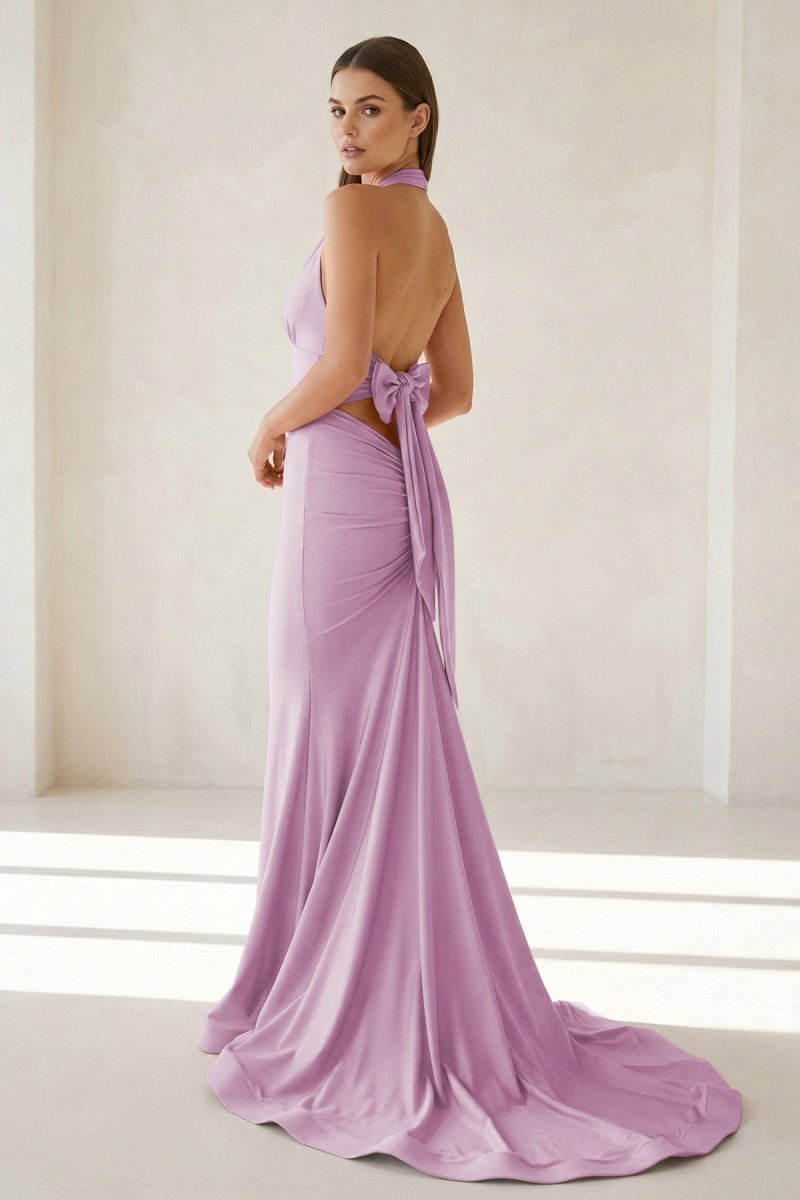 Pink Halter Mermaid Satin Open Back Formal Prom Dresses With Bow, product image 29