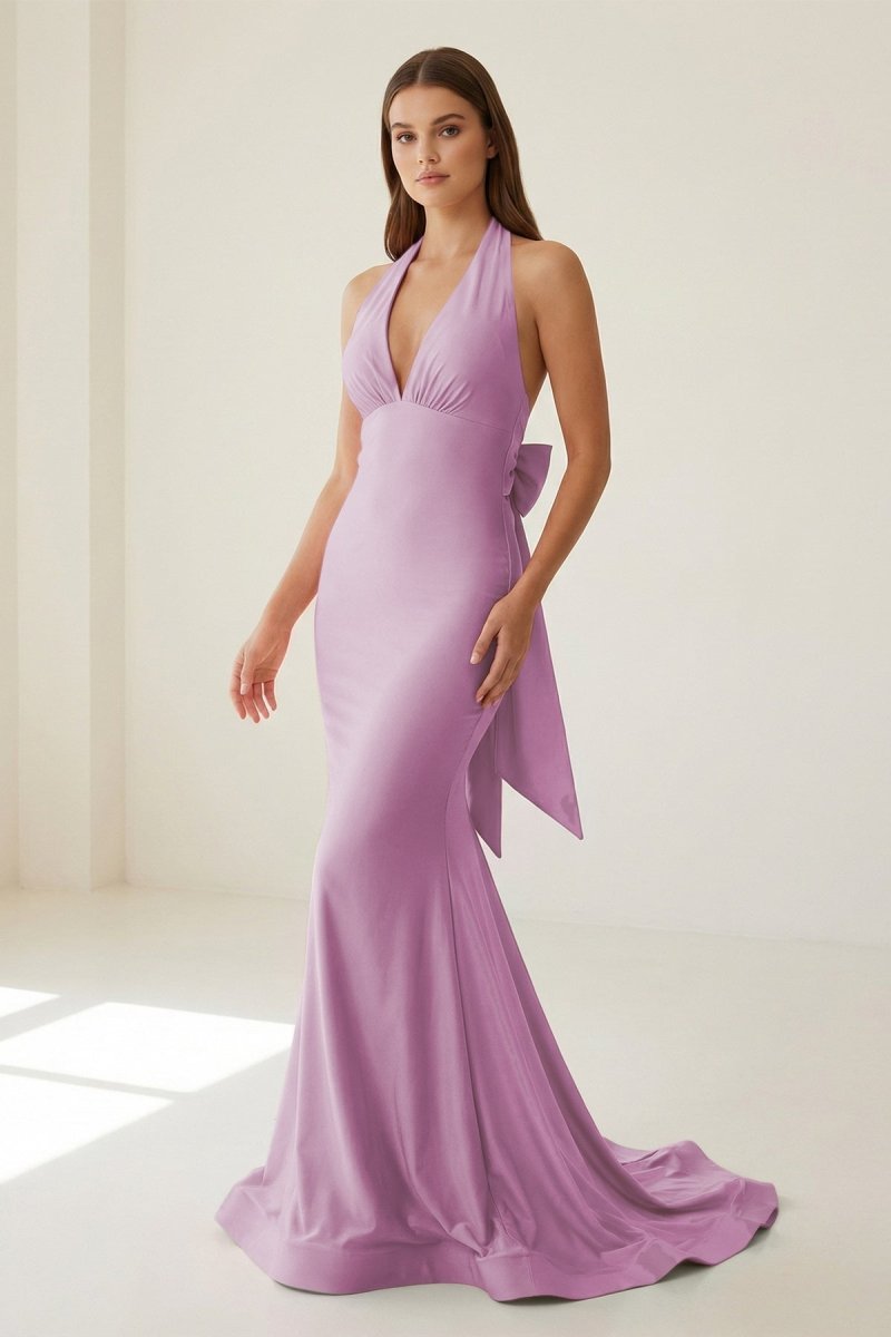 Pink Halter Mermaid Satin Open Back Formal Prom Dresses With Bow, product image 28