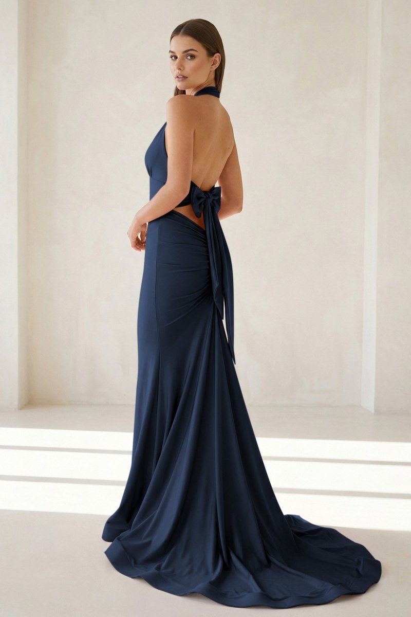 Pink Halter Mermaid Satin Open Back Formal Prom Dresses With Bow, product image 13