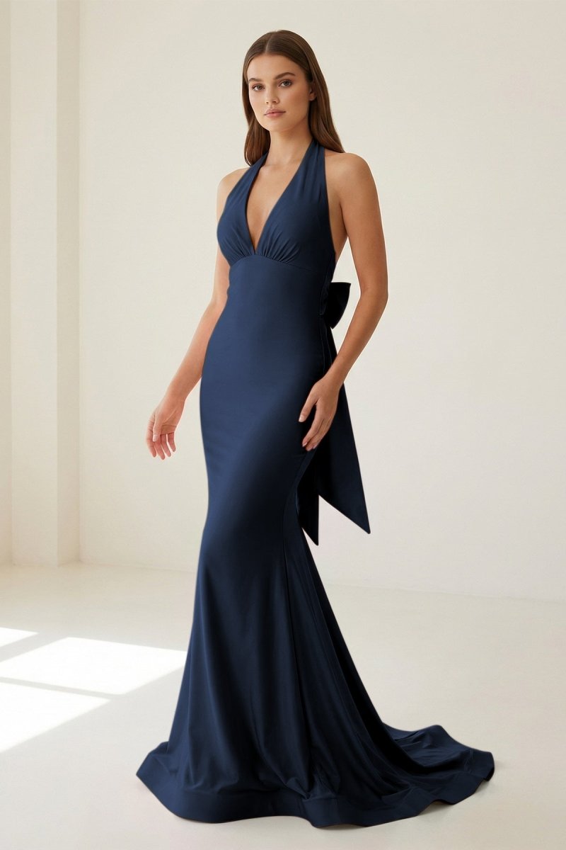 Pink Halter Mermaid Satin Open Back Formal Prom Dresses With Bow, product image 14