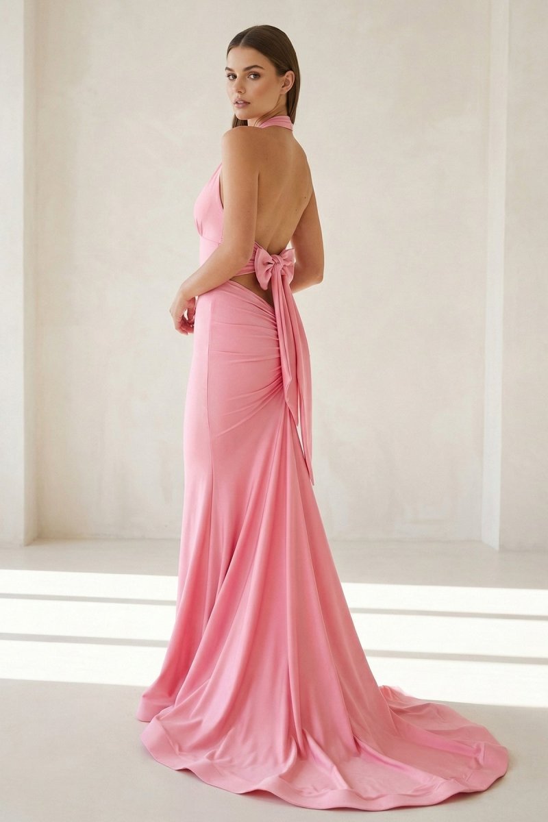 Pink Halter Mermaid Satin Open Back Formal Prom Dresses With Bow, product image 2