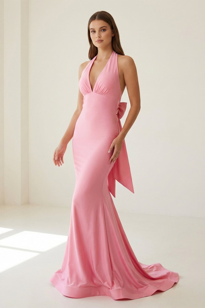 Pink Halter Mermaid Satin Open Back Formal Prom Dresses With Bow, product image 3