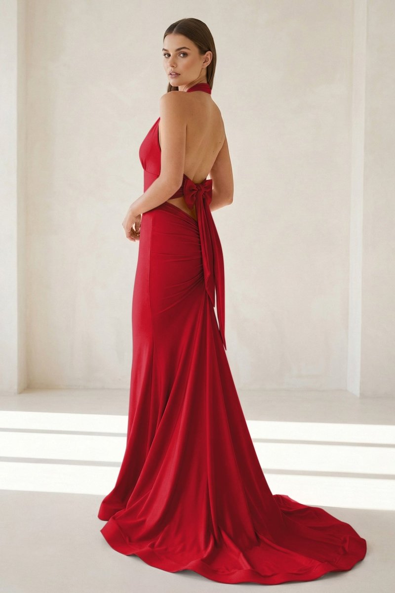 Pink Halter Mermaid Satin Open Back Formal Prom Dresses With Bow, product image 31